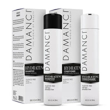 Damanci hydrating shampoo bottle (black) and conditioner bottle (white), sulfate-free