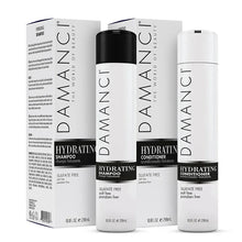 Damanci hydrating shampoo and conditioner set with black and white bottles, sulfate free.