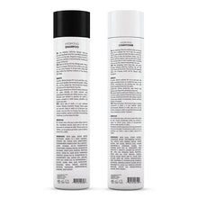Hydrating shampoo and conditioner bottles, back label, black and white caps.