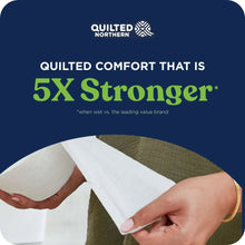 Toilet paper sheet being pulled from a roll, quilted 2-ply