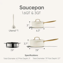 Two white ceramic saucepans with stainless lids and gold handles