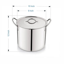 Stainless steel stock pot with metal lid and side handles, size measurement lines
