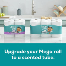 Stack of Angel Soft mega rolls toilet paper in teal bands, scented tube upgrade