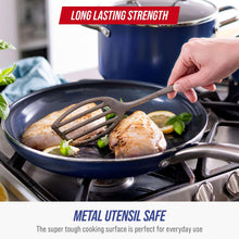 Blue Diamond blue nonstick frying pan with grilled food and wooden spatula