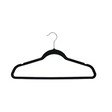 Black velvet clothes hanger with curved shoulder and metal hook