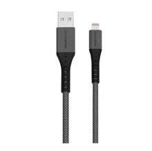 Black braided USB-A to Lightning cable with USB and Lightning connector ends