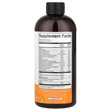 Liquid multivitamin bottle, brown with black cap; Supplement Facts back label.