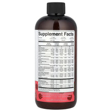 Liquid morning multivitamin bottle with Supplement Facts label on back, black cap