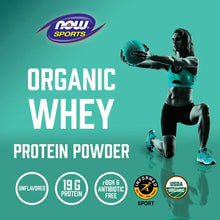 Organic whey protein powder product card with NOW Sports logo and organic badge