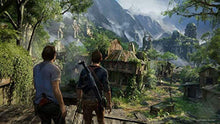 Outdoor jungle village scene with two adventurers standing on a path