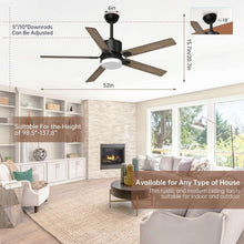 Ceiling fan with light, adjustable downrod, blade size 52 in shown