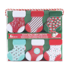 Six-count stocking ornament set in a clear box, with six patterned holiday stockings.