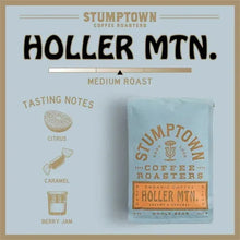 Stumptown Coffee whole bean bag on tasting notes card, light blue Holler Mountain label