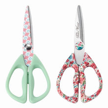 Two all-purpose scissors: mint handle and red floral handle with stainless blades