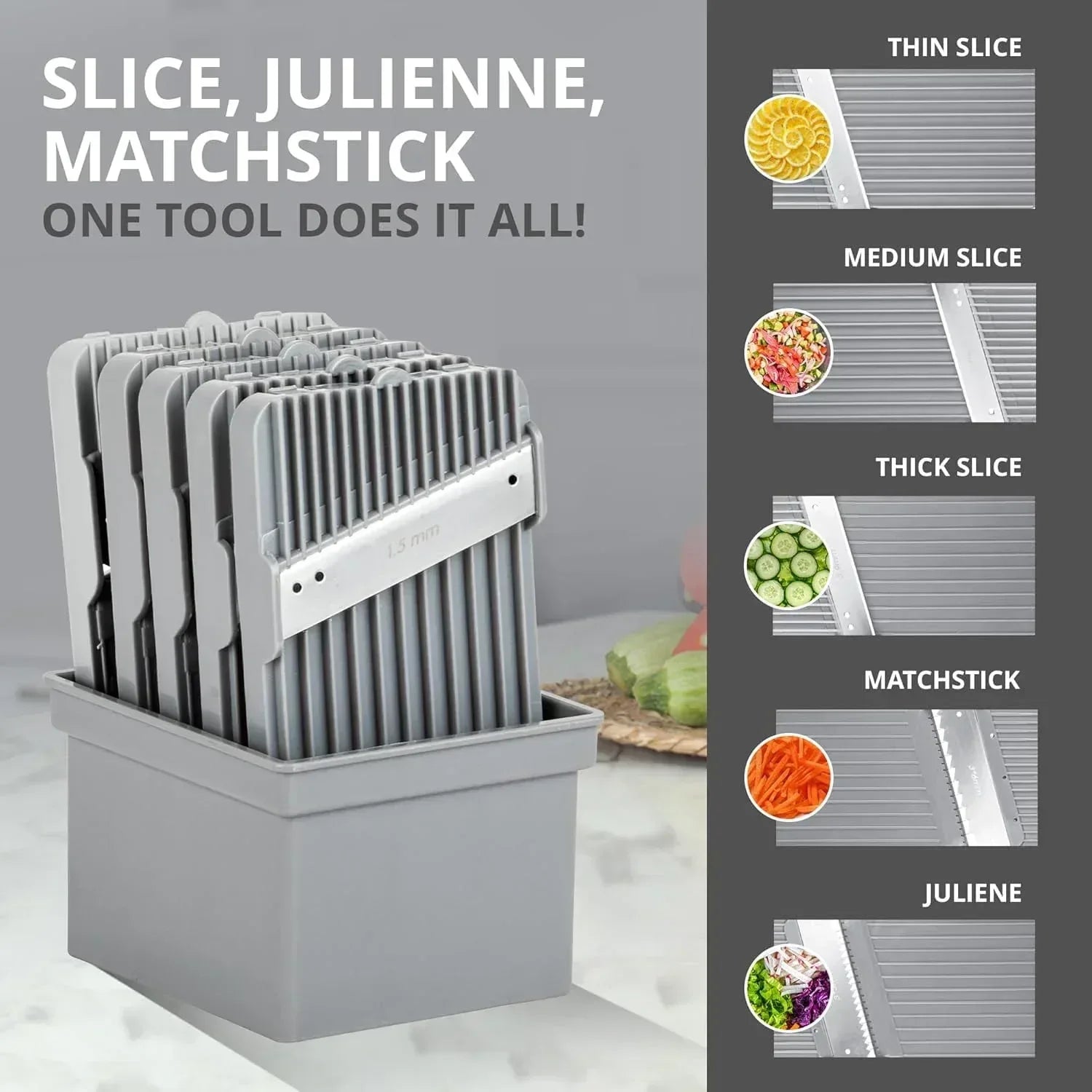 Emson Mandoline Slicer for Kitchen, All in 1 Mandolin Slicer for Food Works as Potato Slicer, Vegetable Slicer, Mandoline Food Slicer, French Fry Cutter with 5 Blades and Storage Container, Gray
