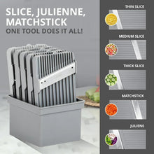 Gray mandoline slicer with settings for thin, medium, thick slices and julienne