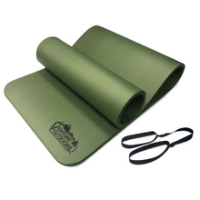 Green foam sleeping pad unrolled into two sections with black carry straps