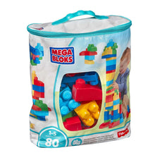 Mega Bloks building bag with teal zipper and colorful 80-piece block contents