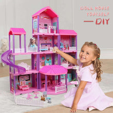 Pink dollhouse playset with balcony, stairs, slide, and a doll figure inside