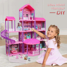 Pink dollhouse playset with doll figures and a child adjusting the top floor