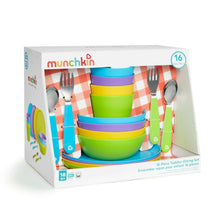 Munchkin 16-piece toddler dining set box with colorful dishes and utensils.