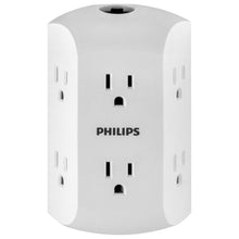 White wall outlet tap with six grounded outlets and resettable circuit breaker