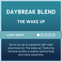 Daybreak Blend light roast ground coffee label panel with five roast circles