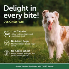 Wet dog food topper featuring a small dog with low-calorie formula claims