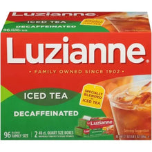 Decaffeinated iced tea box front with Luzianne logo and iced tea drink graphic.