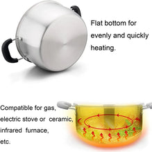 Stainless steel stock pot with glass lid and black handles, boiling liquid shown