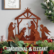 Rusty metal nativity scene tabletop decoration with stable and angel-and-shepherd silhouettes