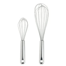 Pair of stainless balloon whisks with long wire loops and oval end handles