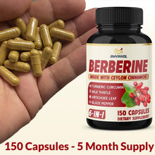 Berberine dietary supplement bottle with hand holding gel capsules