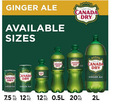 Canada Dry ginger ale available sizes: 7.5 oz to 2 L green bottles and cans