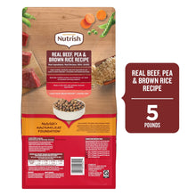 Dry dog food bag back panel with nutrition details, 5 pounds