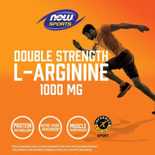 L-Arginine 1000 mg sports supplement panel with running figure and badges