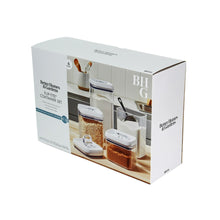 Flip-top square food storage container set box packaging, white and blue