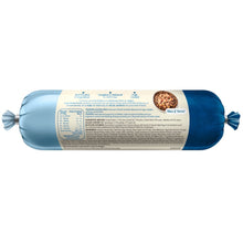 Back label on refrigerated chicken dog food roll in blue packaging
