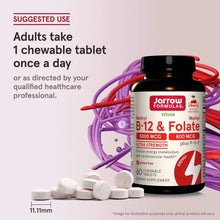 Jarrow Formulas vegan methyl B-12 & folate bottle with chewable tablets and suggested use
