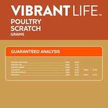 Poultry scratch grains feed bag, guaranteed analysis panel, orange and tan label