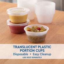 Translucent plastic portion cups with lidded condiments; lids sold separately