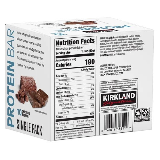 Kirkland Signature Protein Bars, Chocolate Brownie, 2.12 oz Bars, 40-Count (4 Pack of 10)