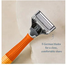 Orange razor handle with silver 5-blade cartridge head