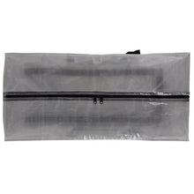 Clear moving storage bag with zipper closure and black-edged top seam