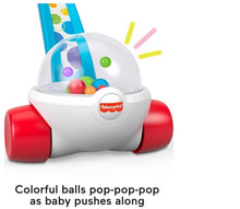 Fisher-Price ball popper toy with clear dome, colorful balls, and red wheeled base