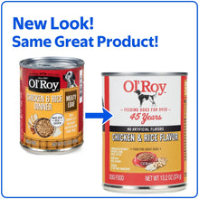 Wet dog food cans, chicken and rice flavor, new packaging shown
