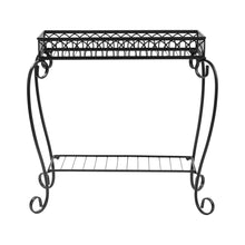Black metal 2-tier plant stand with arched frame and slatted lower shelf.