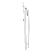 White elongated toilet seat with hinge hardware and rear mounting bracket