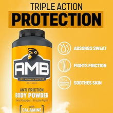 Anti friction body powder bottle front showing triple action protection icons