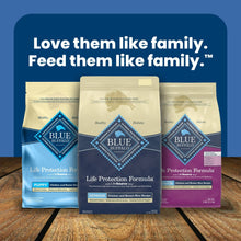 Senior dry dog food bags on display